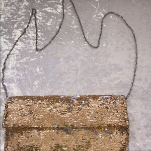 Gold/silver sequence evening clutch bag with chain